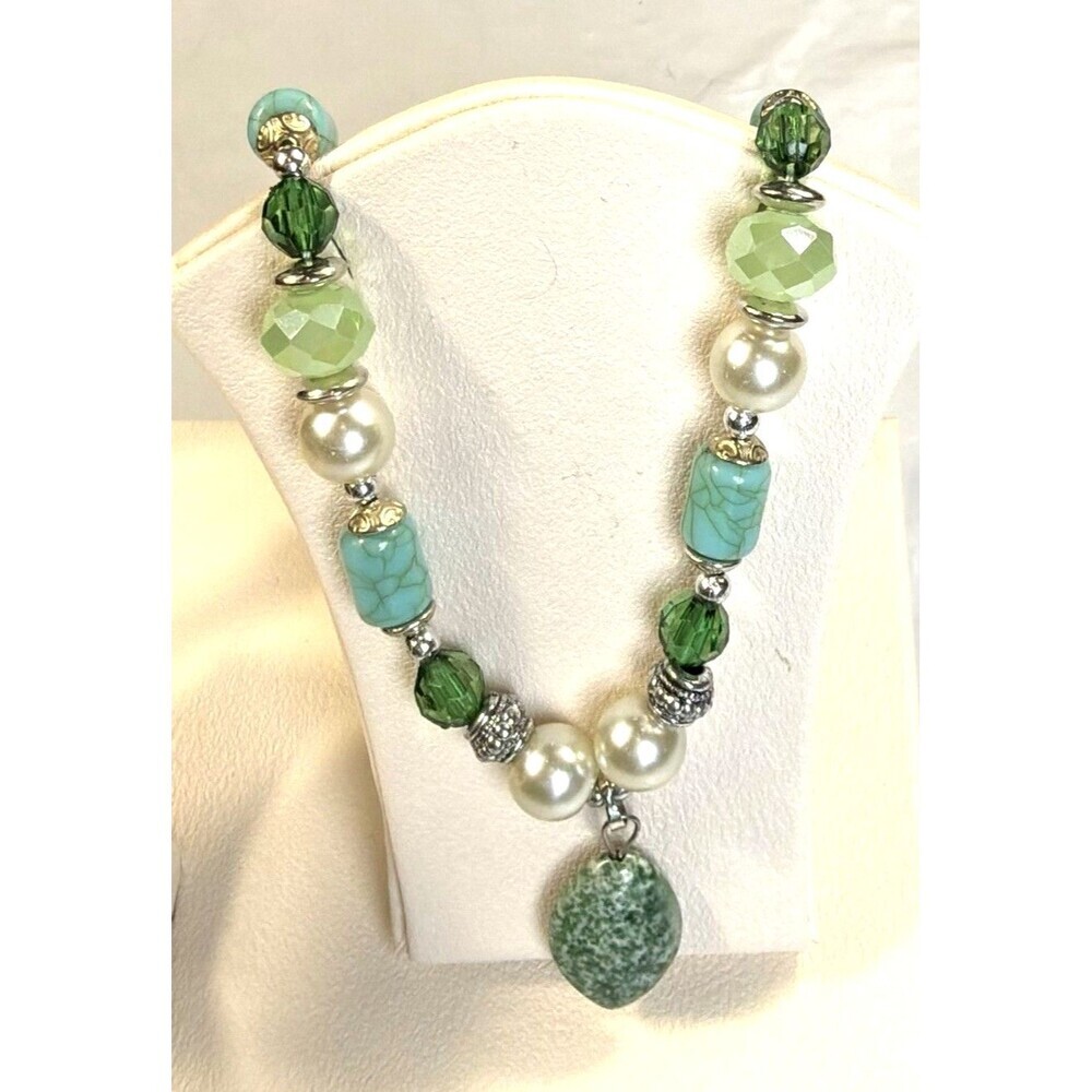 Green Beaded Necklace Boho Turquoise Pearl Accents Stone Pendant Adjustable